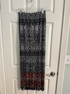 VENUS Black & White Geometric Maxi Skirt with Multi-Color Fringe Hem